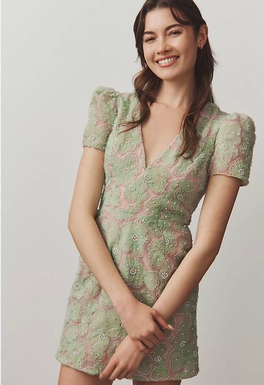 Helsi Anthropologie Mint Green L Beaded Mesh Mini Dress USA Made Cocktail Party